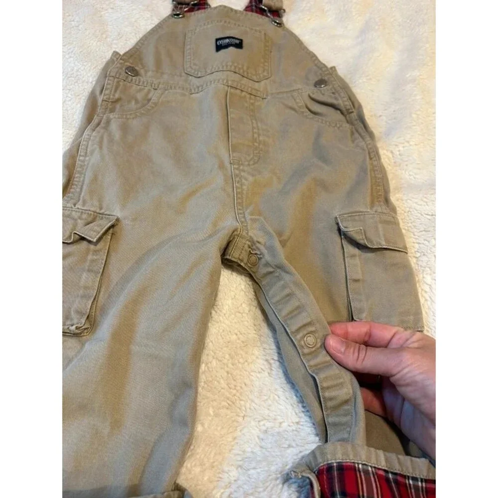 Vintage OshKosh 24M Boys Cargo Khaki Red Plaid Lined Overalls Fall Season